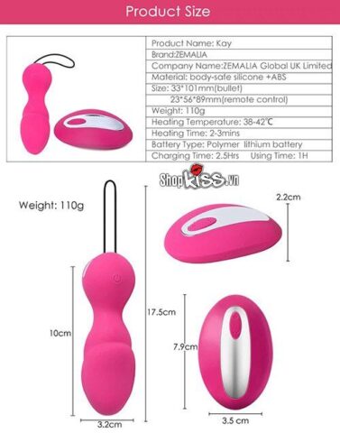 Thông số kỹ thuật và kích thước chi tiết của trứng rung Zemalia KAY DC80B và bộ điều khiển từ xa