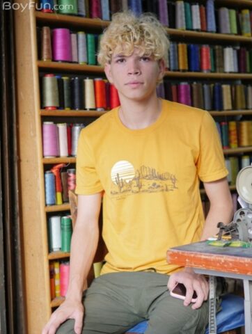 Cute blond twink Melo Prince doffs his pink undies and pulls out his fat dick