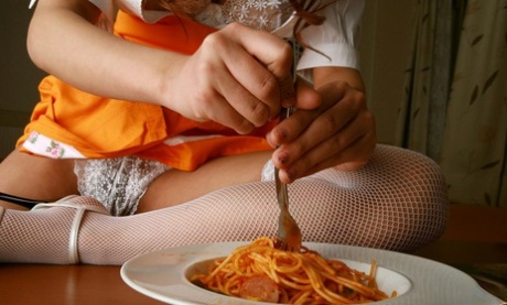 25068667_009_cf59 Asian redhead Saori Harada drools after exposing herself over a plate of pasta