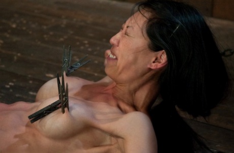 Naked MILF Tia Ling gets punished with a vibrator in metal bondage