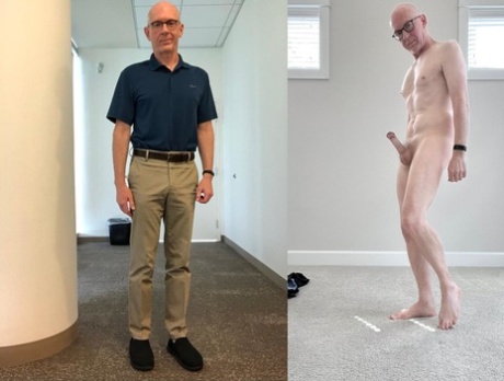 Nasty gay old man with glasses strips and shows his hard dick & ass