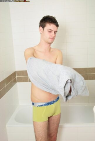 Dark-haired gay hottie Jason Potente takes a shower after masturbating