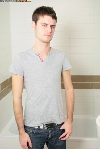 Dark-haired gay hottie Jason Potente takes a shower after masturbating