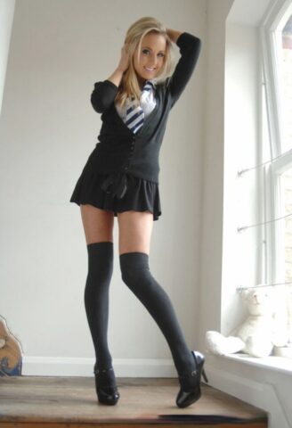 45470507_001_6963 Long legged blond babe Becky Roberts posing in knee high stockings