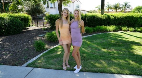 Young blondes Riley Star & Hannah Hays model sweet teen curves in tight dress