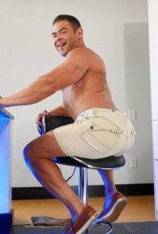 Muscular gay brunette Draven Navarro reveals his big penis and tight ass