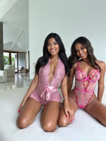 Cute babes doff their lingerie and show off their big tits & booties