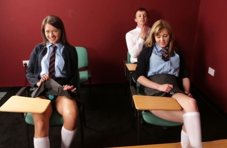 55404133_002_ebe4 UK coeds Savannah Secret & Nadia Elaina give a fellow student a CFNM blowjob