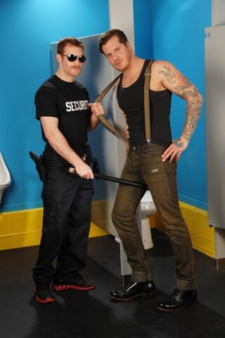 Muscular stud James Jamesson having anal sex with a gay officer in the toilet