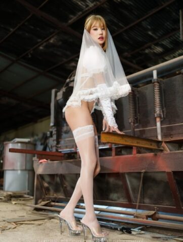 Stunning South Korean bride poses in her sexy white lingerie and heels