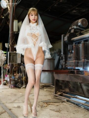 Stunning South Korean bride poses in her sexy white lingerie and heels