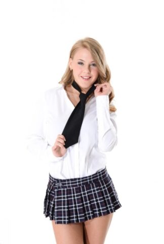 71639992_002_7b2a Cute blonde coed Lilly Mays takes off her uniform in white stockings