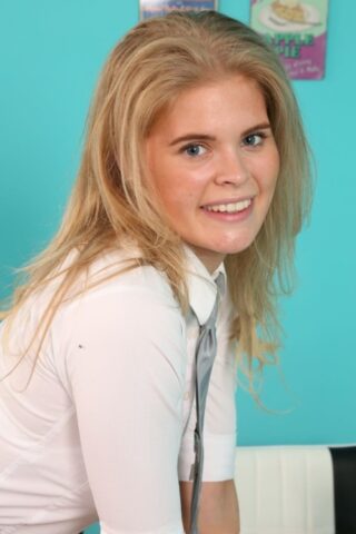 76996221_033_801c Blonde teen Tayla strips skirt & poses in white panties in the school kitchen