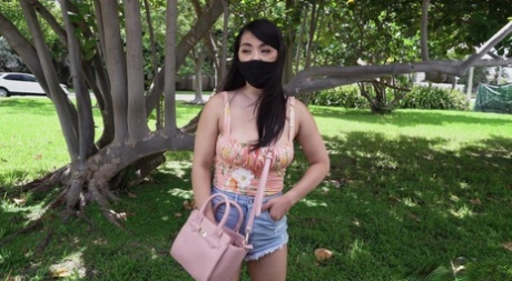 Cute Asian teen with a big booty Mina Moon exposes her big tits before van sex