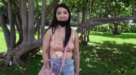 Cute Asian teen with a big booty Mina Moon exposes her big tits before van sex