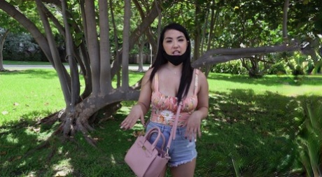 Cute Asian teen with a big booty Mina Moon exposes her big tits before van sex