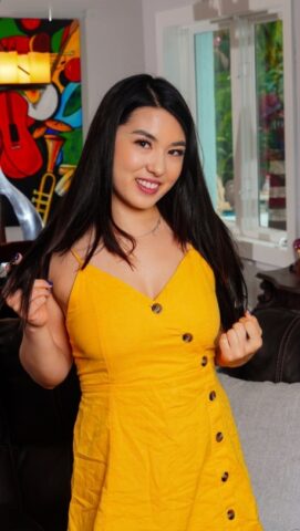 Petite black haired babe Mina Moon flaunts her big tits and masturbates