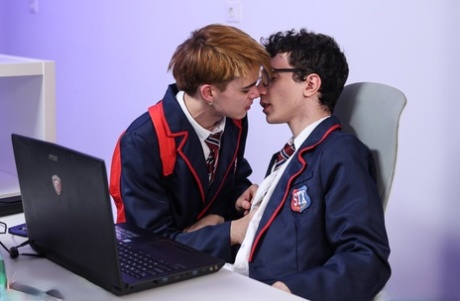 92163142_009_005a Caucasian students remove their uniforms during their first gay sex experience