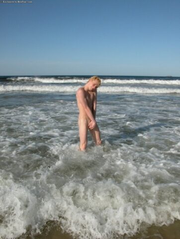 Horny gay blonde Jarrod plays with his uncut dick on the beach and at home