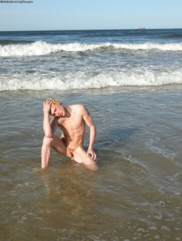Horny gay blonde Jarrod plays with his uncut dick on the beach and at home