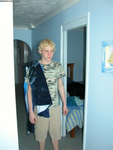 Horny gay blonde Jarrod plays with his uncut dick on the beach and at home