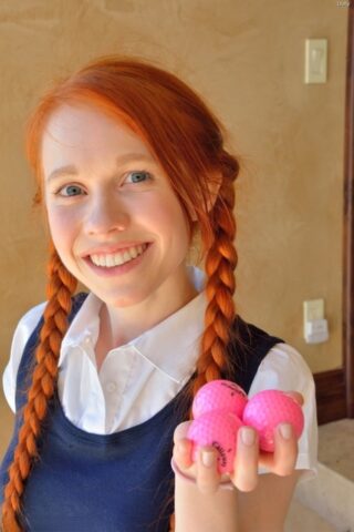 99305303_062_6d45 Ginger schoolgirl Dolly inserts a huge fake cock & Ben Wa balls into her pussy
