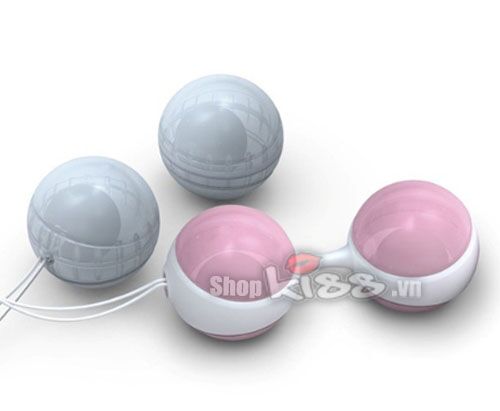 Cận cảnh hai viên bóng tập Kegel Lovetoy màu hồng và xanh với dây kéo