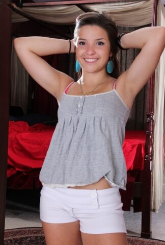 71678490_002_af32 Teen amateur Veronica Berry peels away white shorts to showcase bald vagina