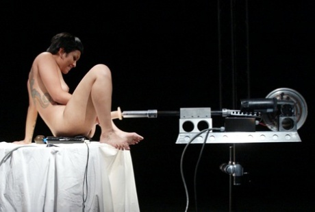 Ebony nympho DragonLily cums hard as she gets fucked by a sex machine