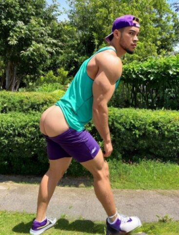 Muscular AI generated gay hunk shows off his big ass in a hot compilation
